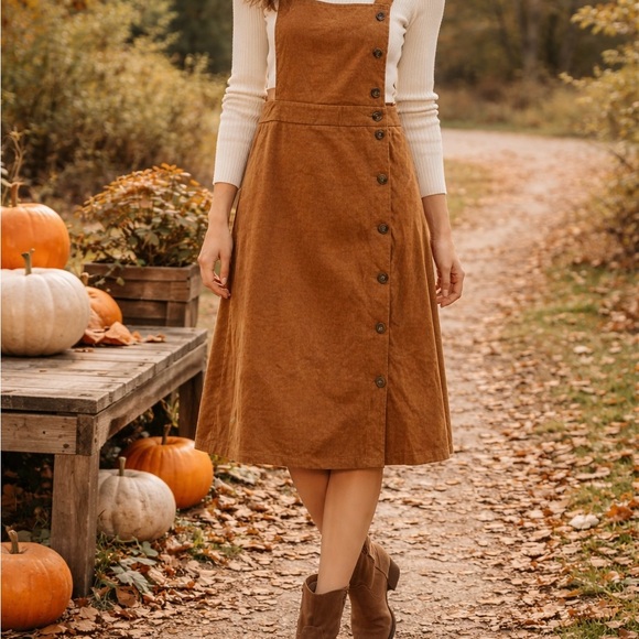 Emery Rose Corduroy Pinafore Overall Dress Button Front Brown S - Picture 4 of 7